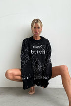 Distressed Graphic Oversized Crew Neck Knit Sweater