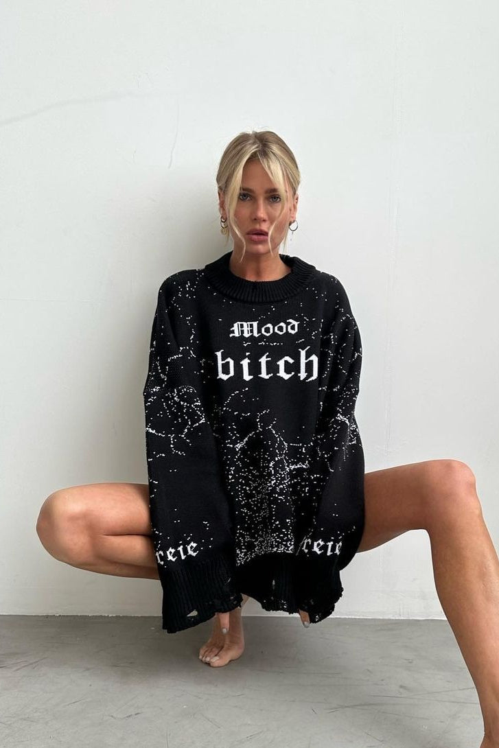 Distressed Graphic Oversized Crew Neck Knit Sweater