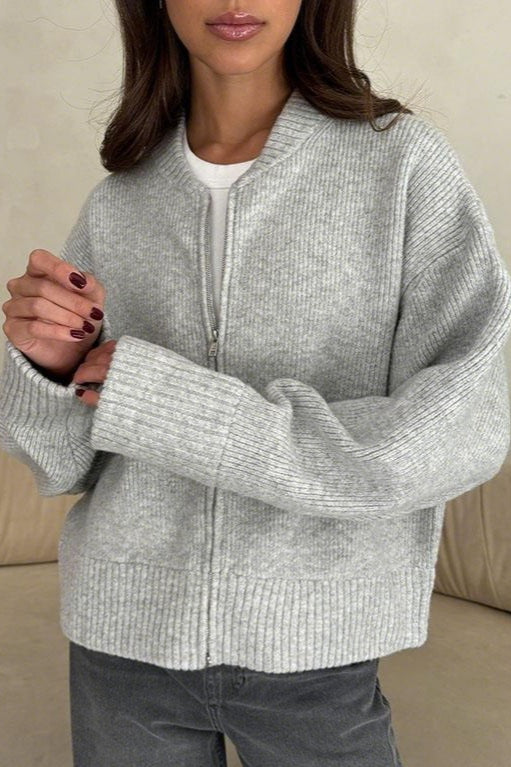 Casual Solid Color Zip-Up Loose Fit Knit Sweater