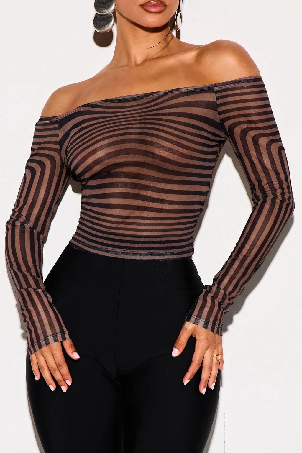 Striped Mesh Off Shoulder Long Sleeve T-shirts