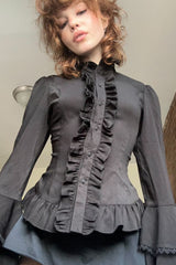 Dark Waist Tie Ruffle Panel Blouse