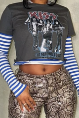 Retro Striped Color Block Print Crew Neck Crop Top