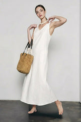 V Neck Linen Blend Sleeveless Vacation Dress