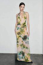 Printed Halter Cowl Neck Bodycon Vacation Dress