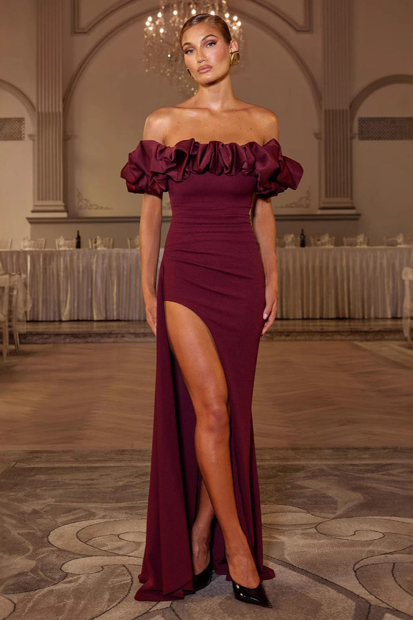 Elegant Off Shoulder Ruched Bodycon Mermaid Split Formal Dress Main image