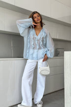 Ruffle Front Balloon Sleeve Loose Fit Blouse