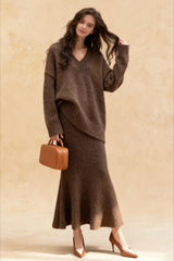 Lazy V-neck Knit Sweater Mermaid Skirt Two Piece Set