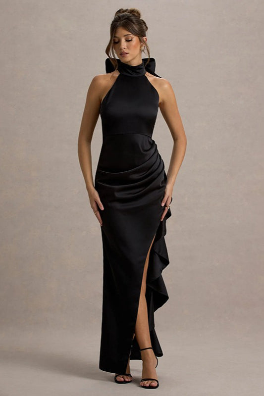 High-Neck Lace Slit Party Dress