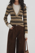 Striped Contrast Panel Deep V-Neck Knit Top