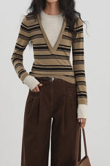 Striped Contrast Panel Deep V-Neck Knit Top