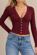 Lace V Neck Ribbed Button Long Sleeved T-shirts