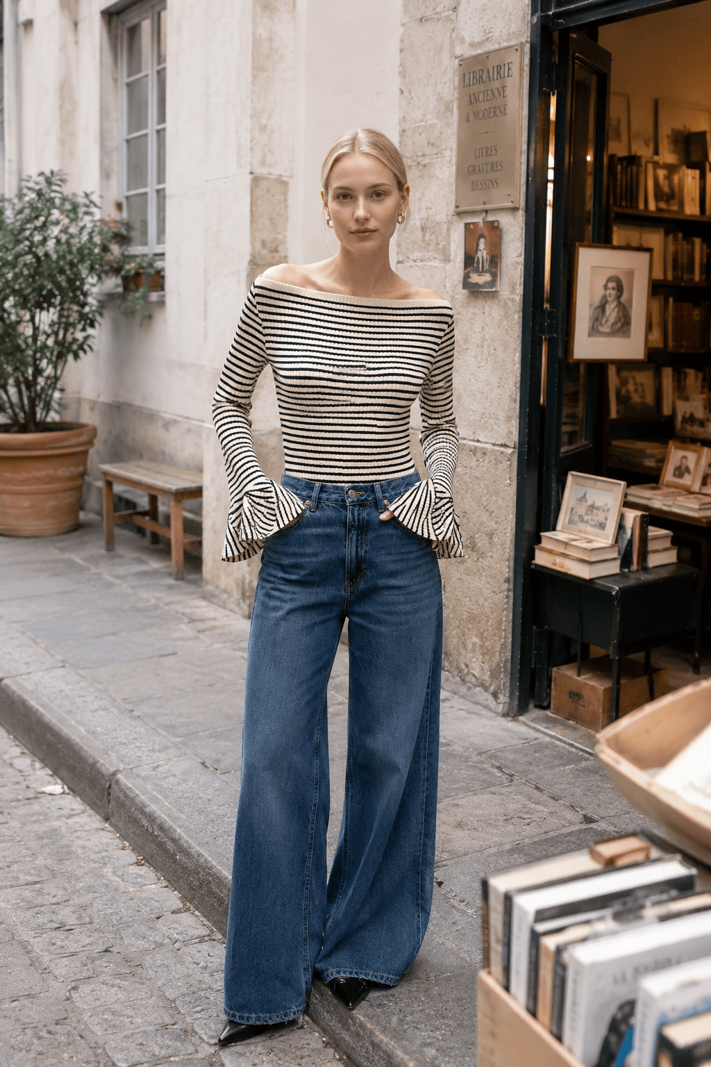 Striped Ruffle-Sleeve Knit Top Main image