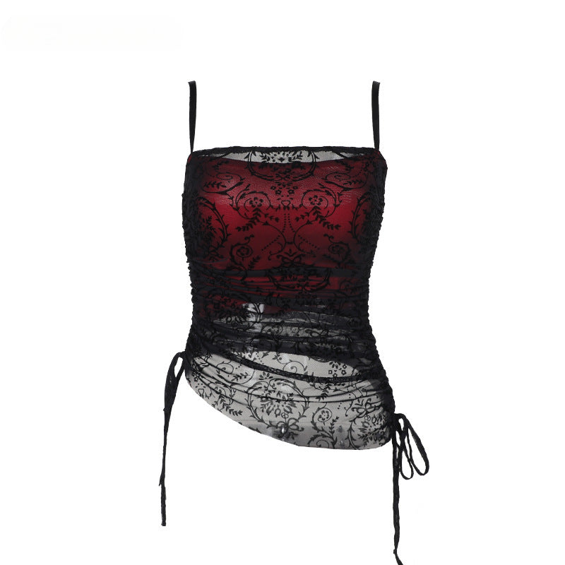 Fairy Grunge Vintage Aesthetic Flocking Patchwork Irregular Hem See Through Crop Top Secondary image