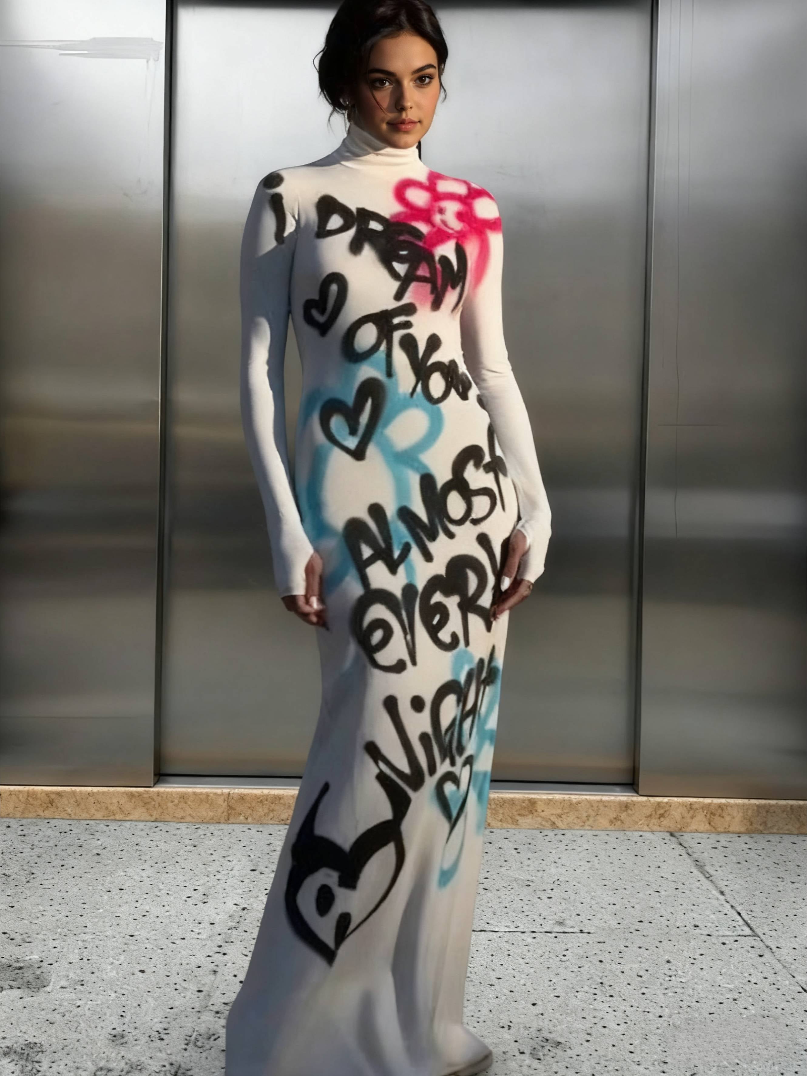High Neck Graffiti Color Block Bodycon Maxi Dress Secondary image