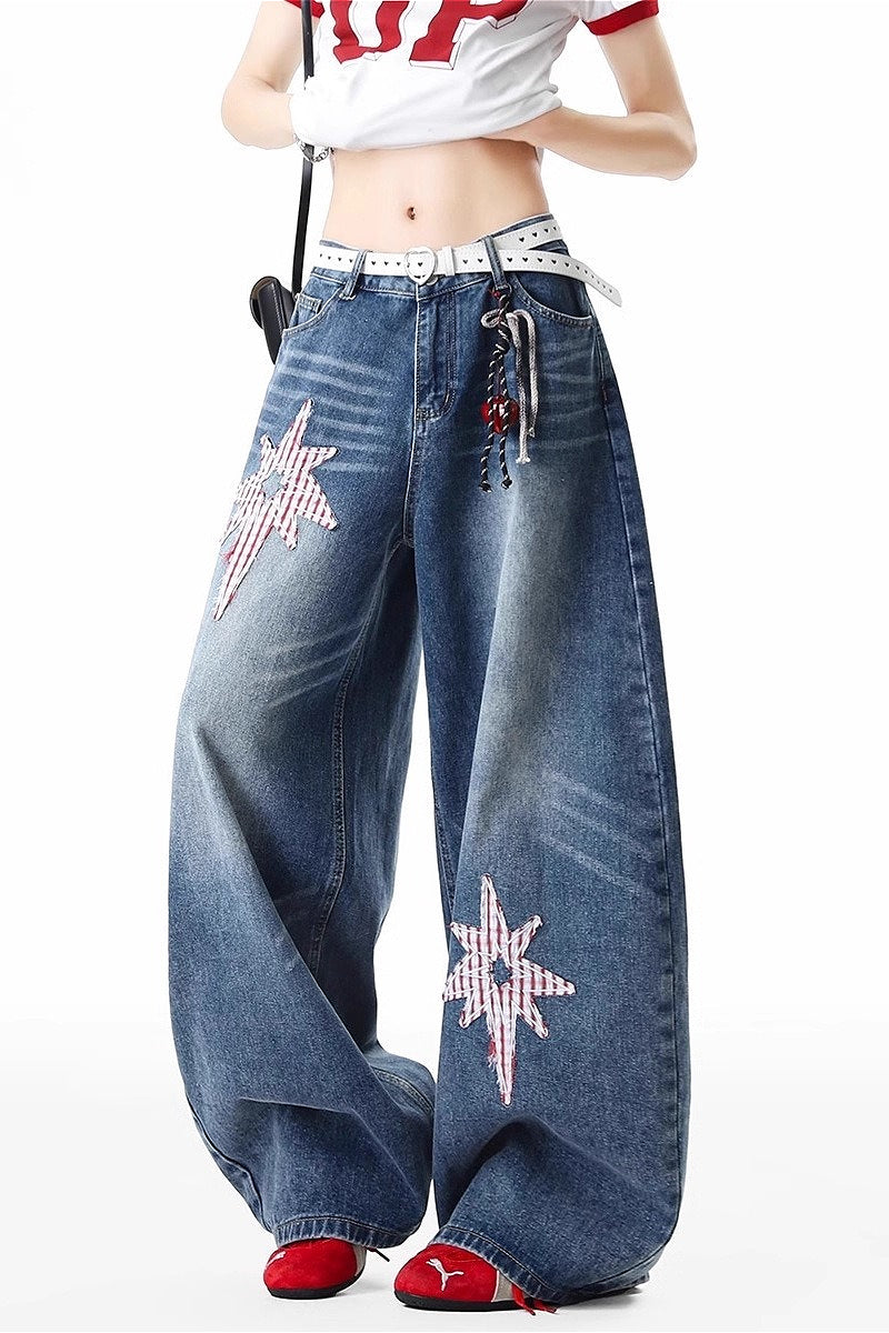 Raised Star Detail Wide Leg Streetwear Jeans