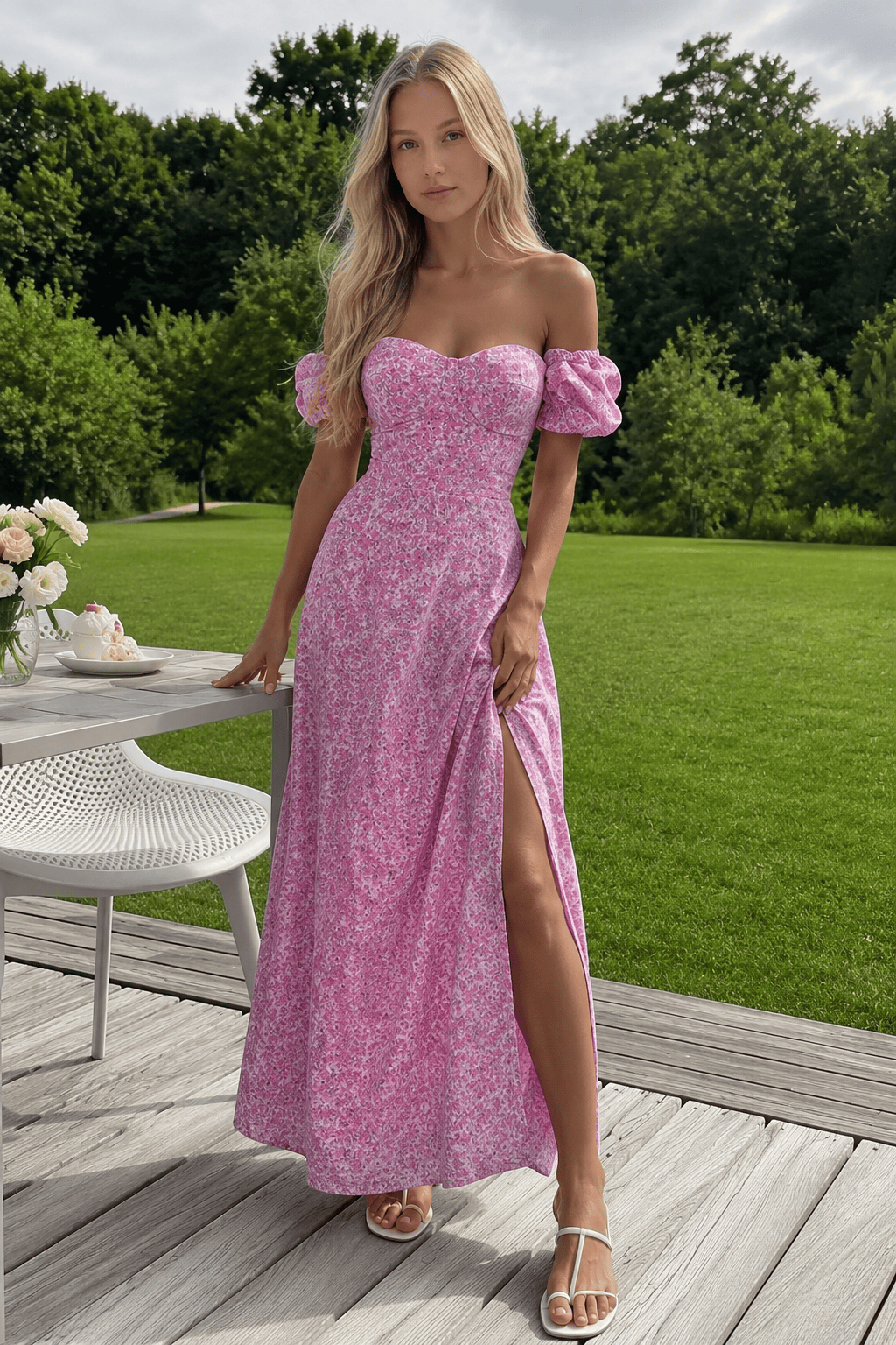 Off-Shoulder Slit Floral Dress