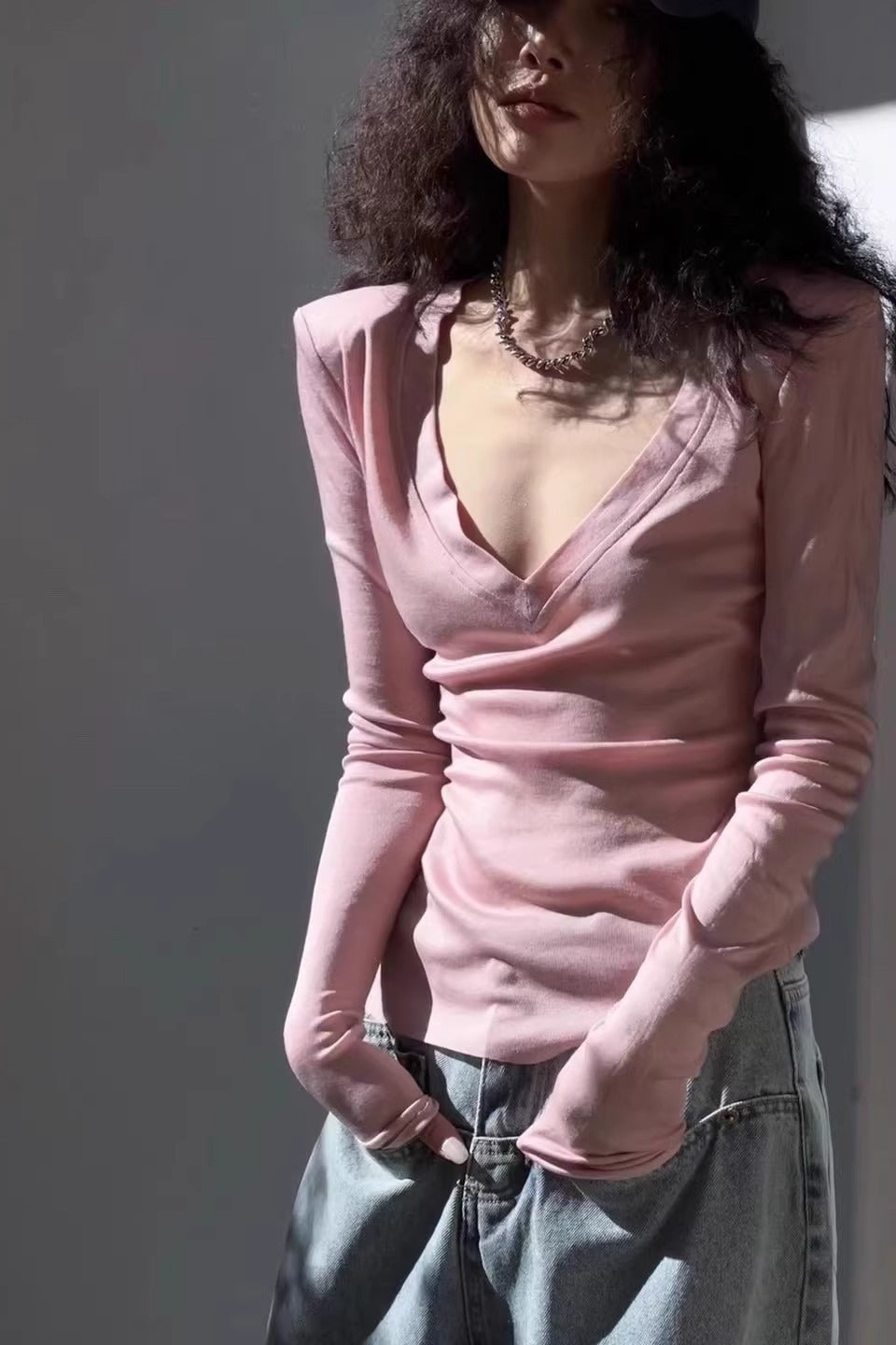 Slim Fit Low Cut Long V Neck Ribbed Long Sleeve Top Secondary image