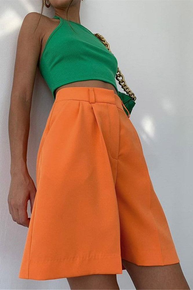 Solid Color High Waist Straight Casual Tailored Shorts