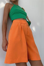 Solid Color High Waist Straight Casual Tailored Shorts