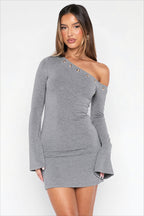 Solid Asymmetric Neck Cutout Ring Mini Dress