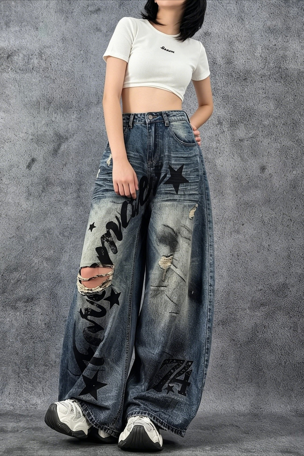 Distressed Letter Print Barrel Leg Jeans