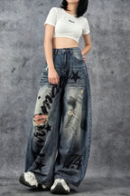 Distressed Letter Print Barrel Leg Jeans