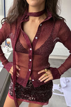 Glitter Sheer Tie Neck Button Crop Top