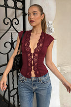 Lace Cutout Button Front Fitted Crop Top