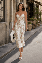 V Neck Lace Satin Spliced Strap Floral Dress