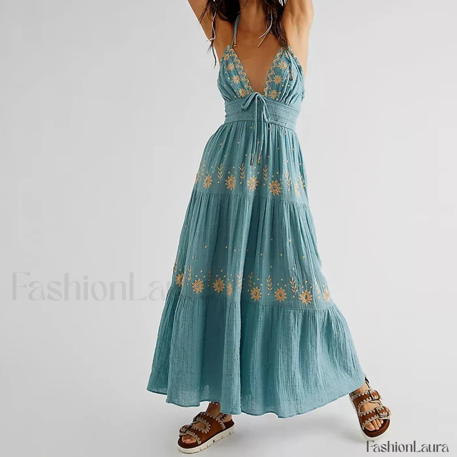 Backless Halter Embroidery Boho Dress
