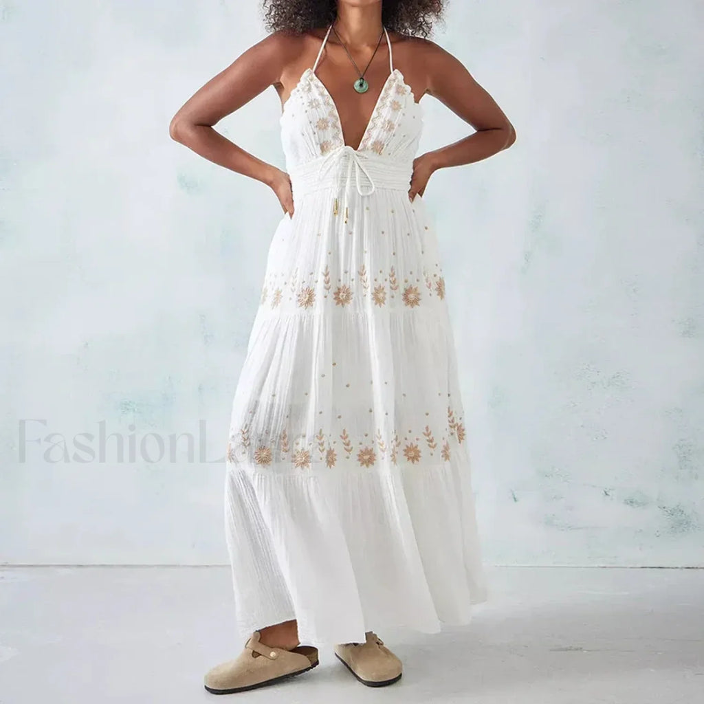 Backless Halter Embroidery Boho Dress color 2 / S