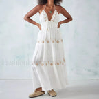 Backless Halter Embroidery Boho Dress color 2 / S