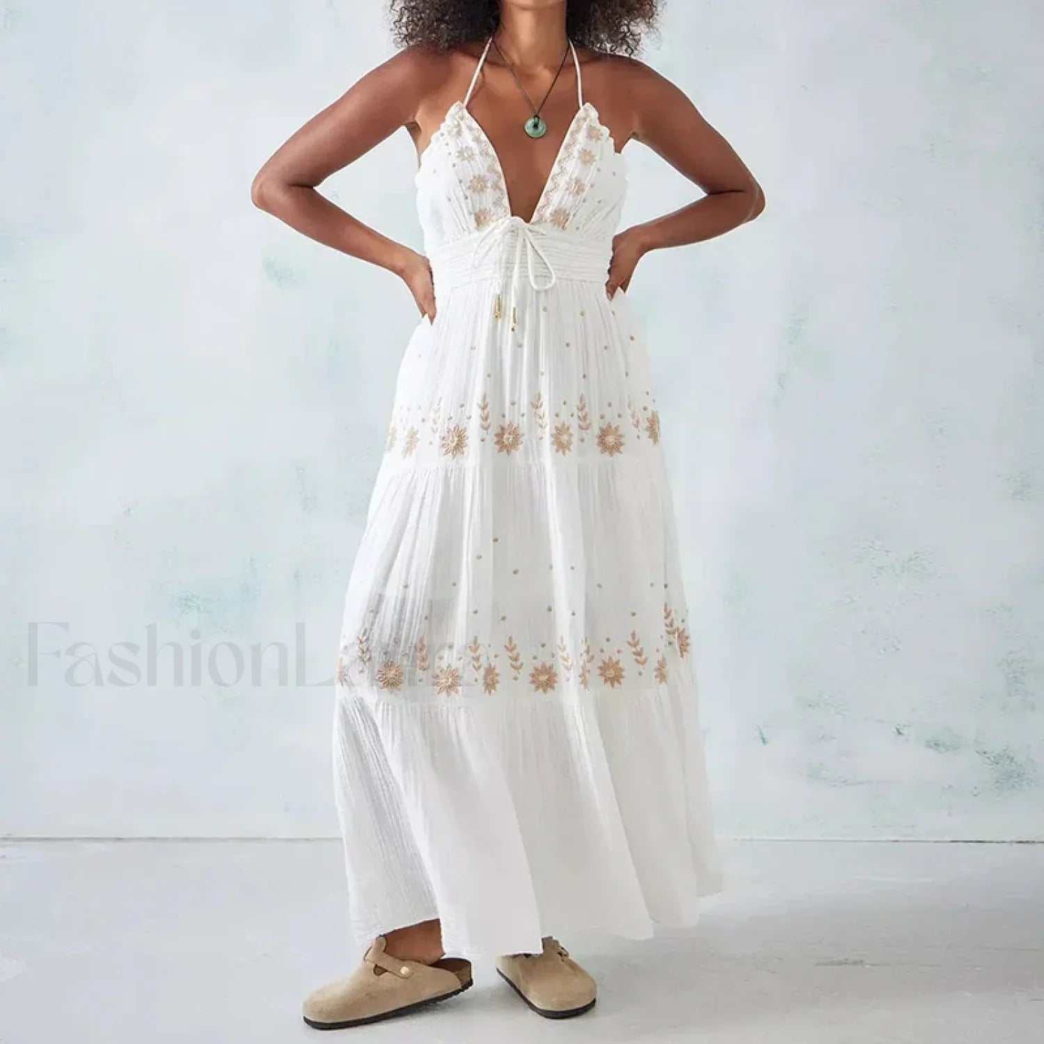 Backless Halter Embroidery Boho Dress color 2 / S