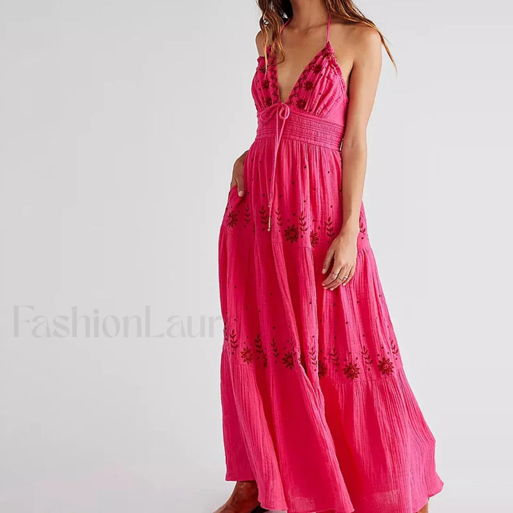 Backless Halter Embroidery Boho Dress color 3 / S