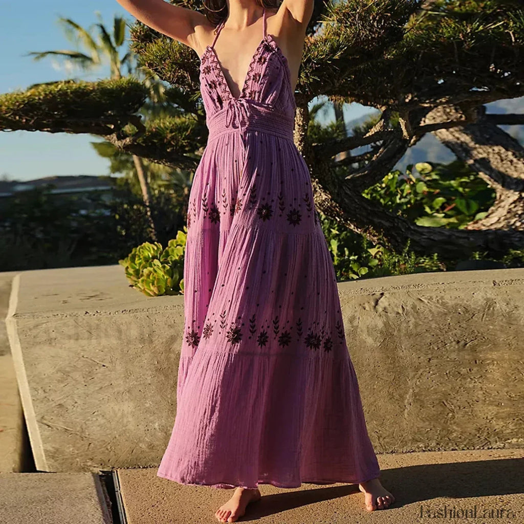 Backless Halter Embroidery Boho Dress color 6 / S