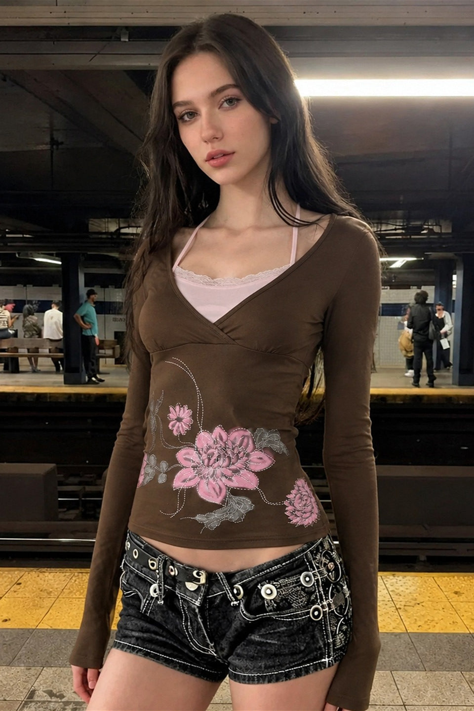 Floral Layered Halter Fitted Long Sleeve T-Shirt Secondary image