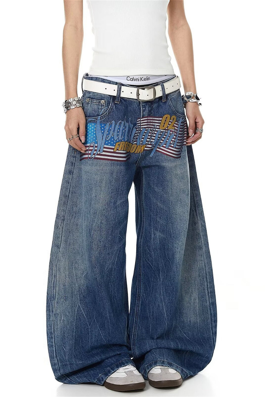 Letter Graphic Button Front Wide Leg Jeans