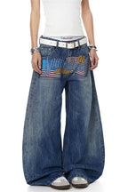 Letter Graphic Button Front Wide Leg Jeans
