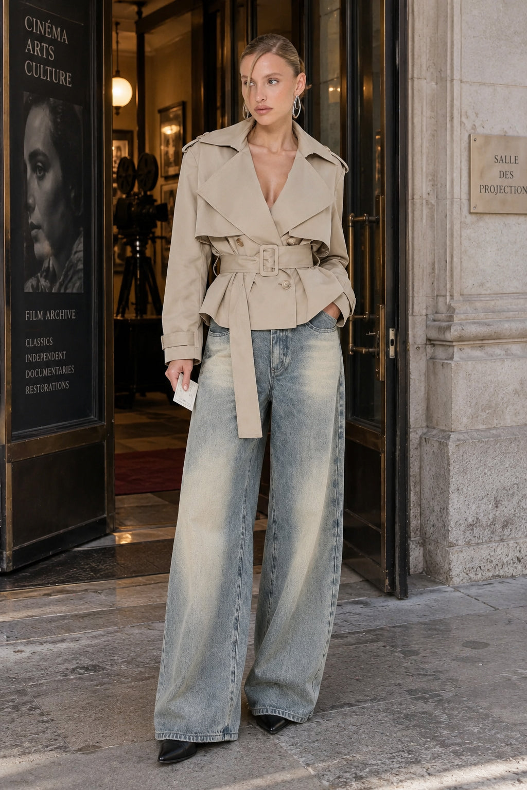 Cape Overlay Belted Cropped Double Breasted Coat