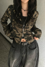 Camouflage Fitted Cropped Lightweight Zip Hoodie