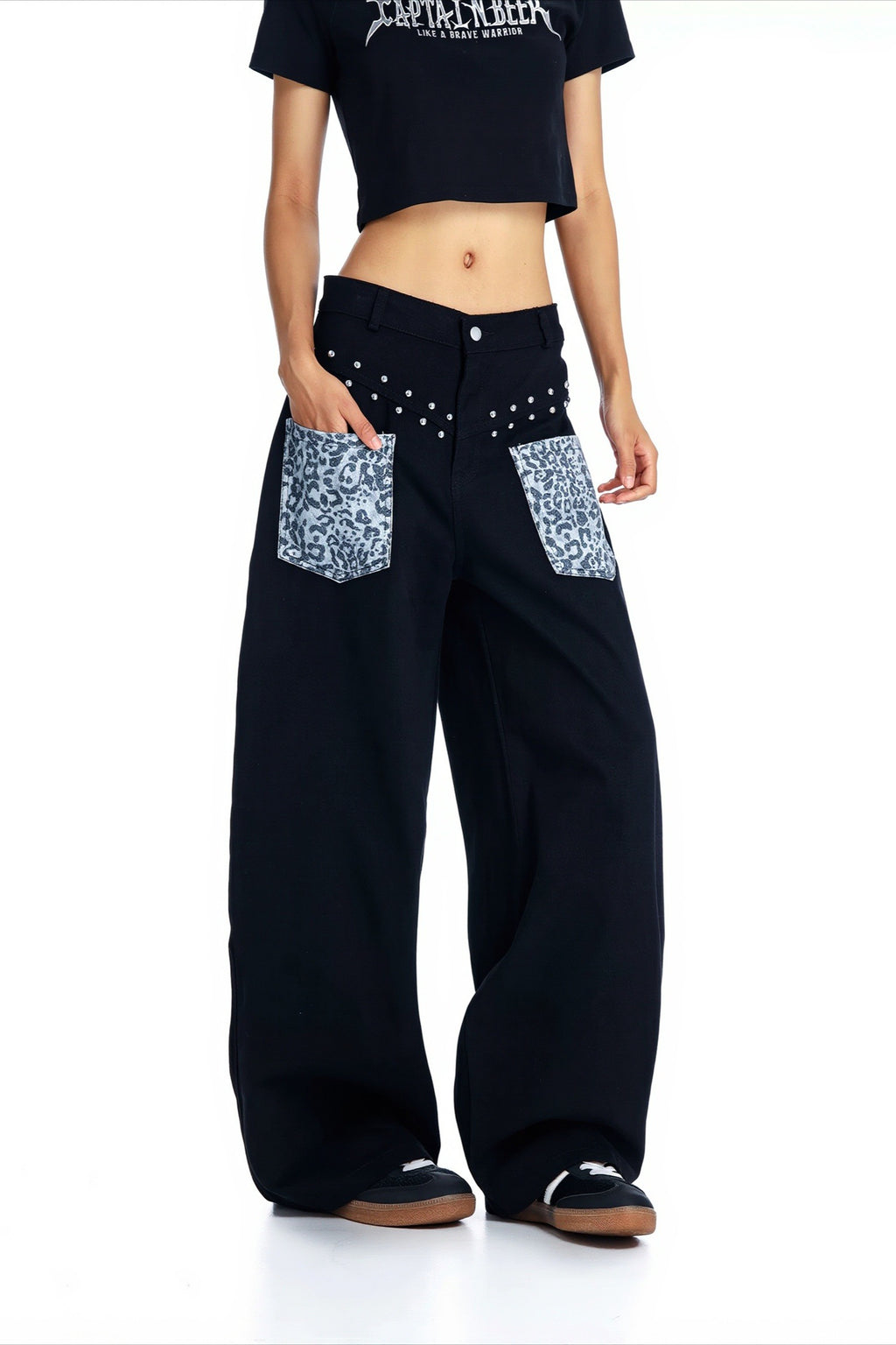 Leopard Panel Studded Barrel Leg Jeans