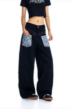 Leopard Panel Studded Barrel Leg Jeans