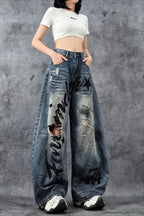Distressed Letter Print Barrel Leg Jeans