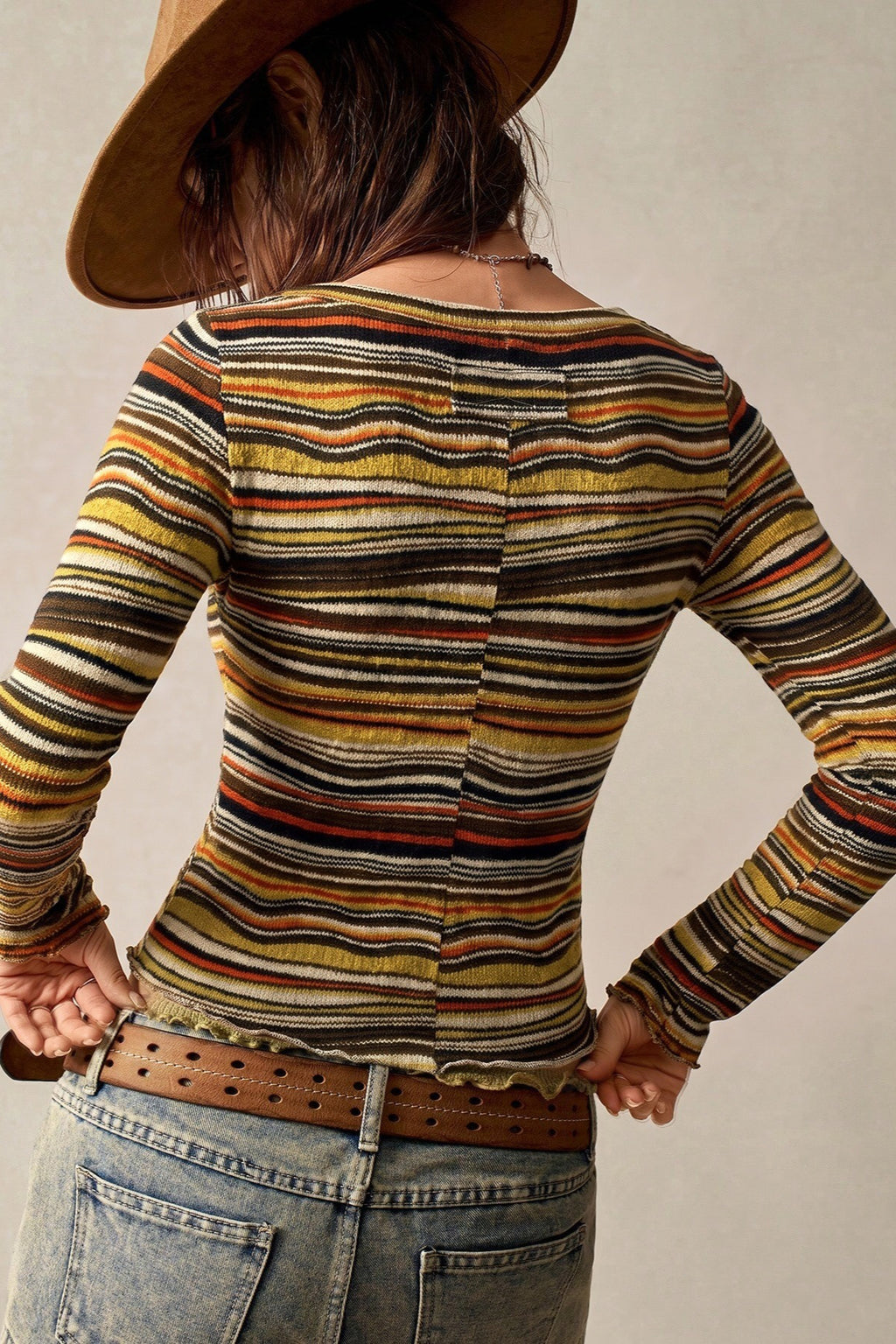 Retro Stripe Knit Cropped Long Sleeve T-Shirt