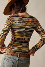 Retro Stripe Knit Cropped Long Sleeve T-Shirt