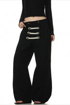 Black Double Button Deconstructed Wide Leg Pants