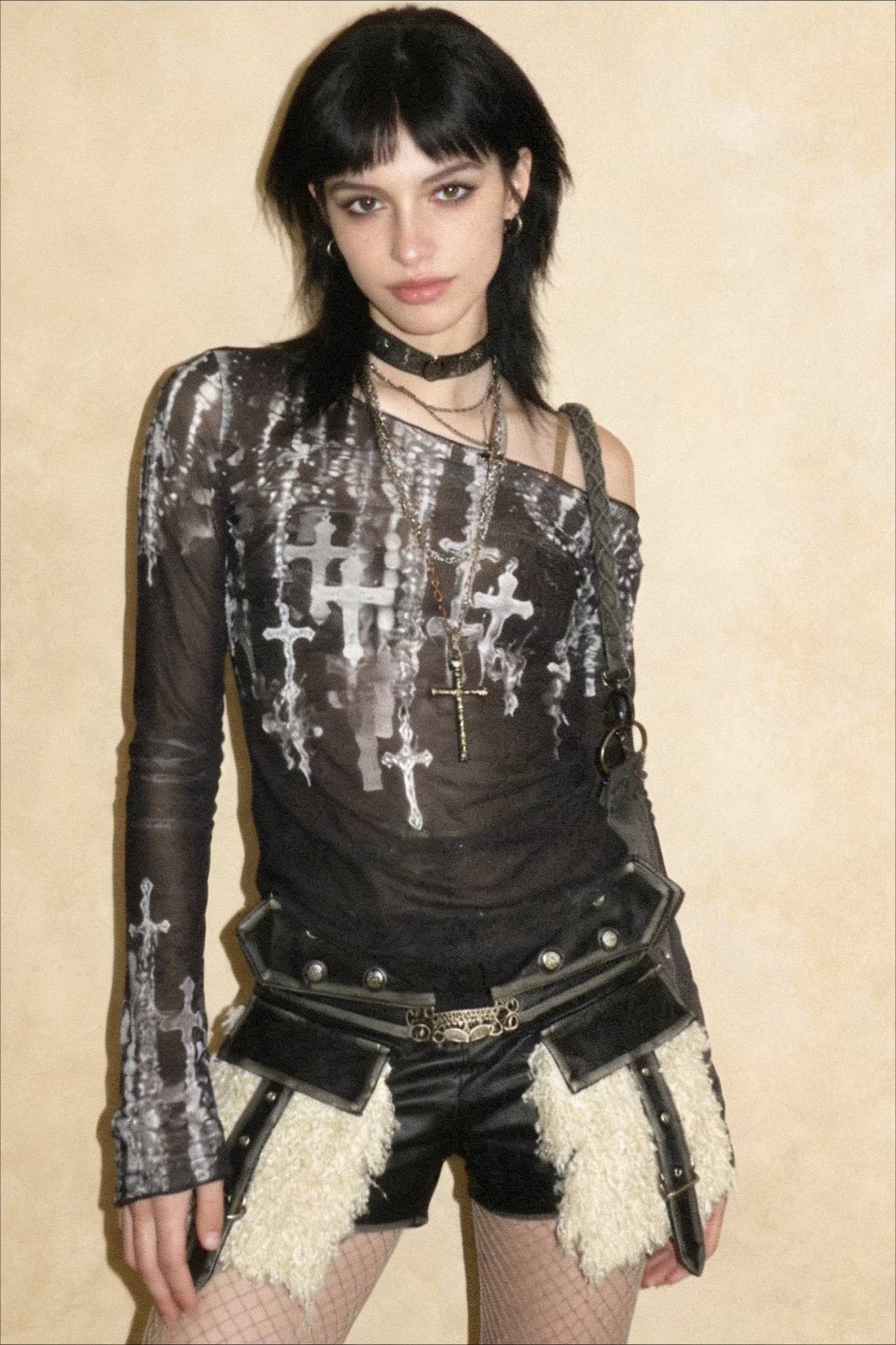 Grunge Cross Wide Neck Mesh Top Main image