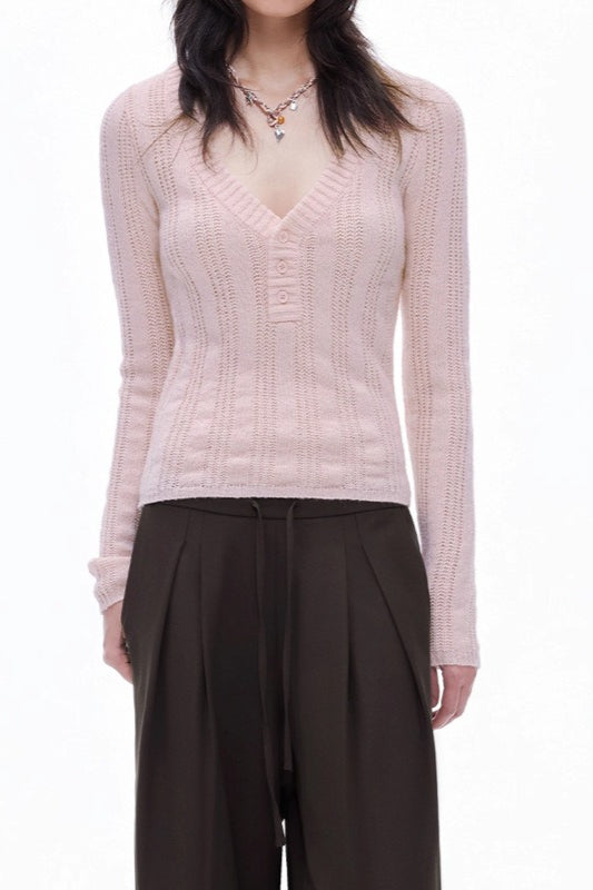 Openwork Wool Blend V-Neck Knit Top Main image