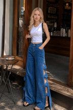 Hand Embroidered 3D Flower Cutout Side Slit Jeans