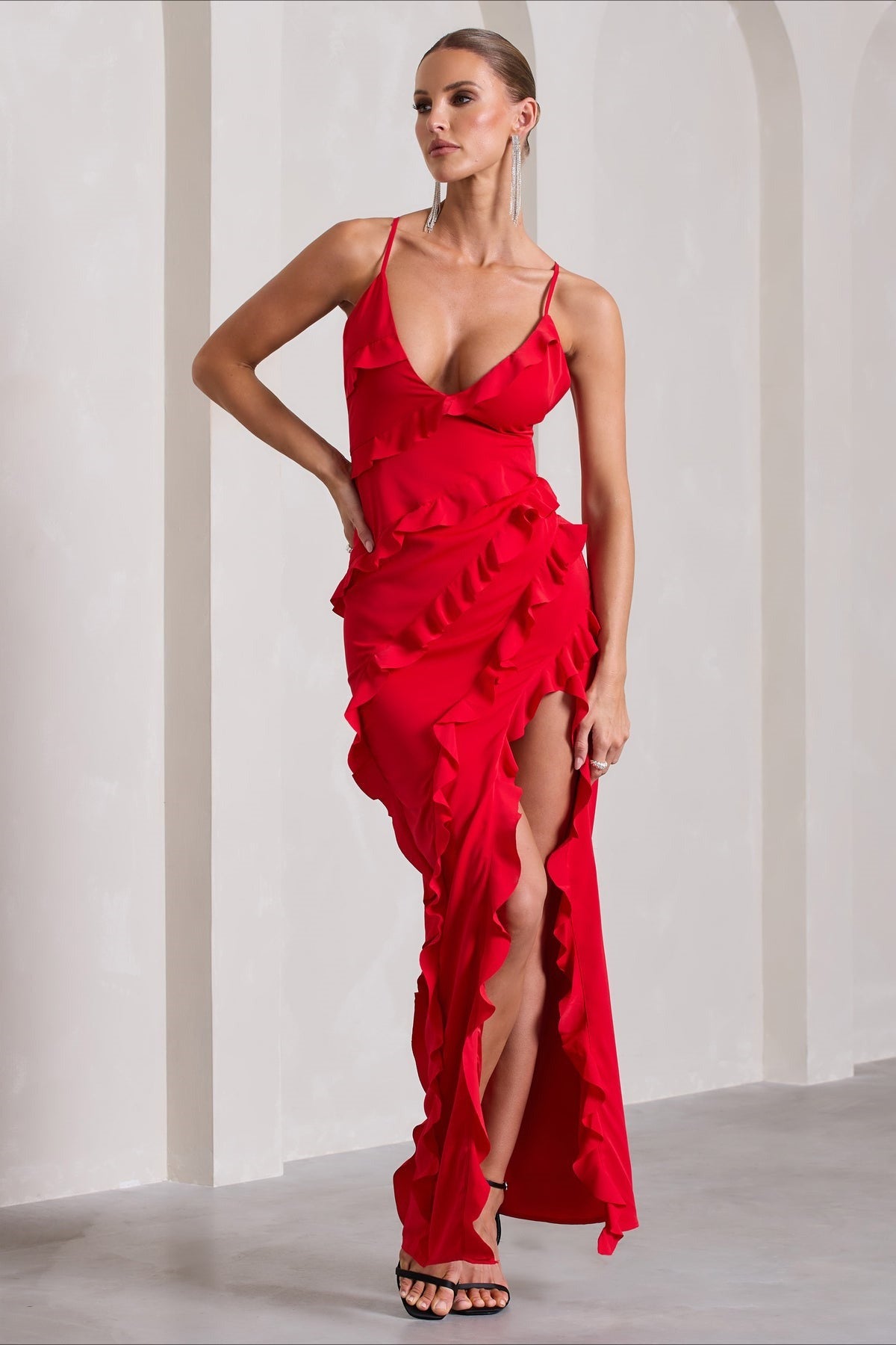Strappy Ruffle Low-Back Party Dress